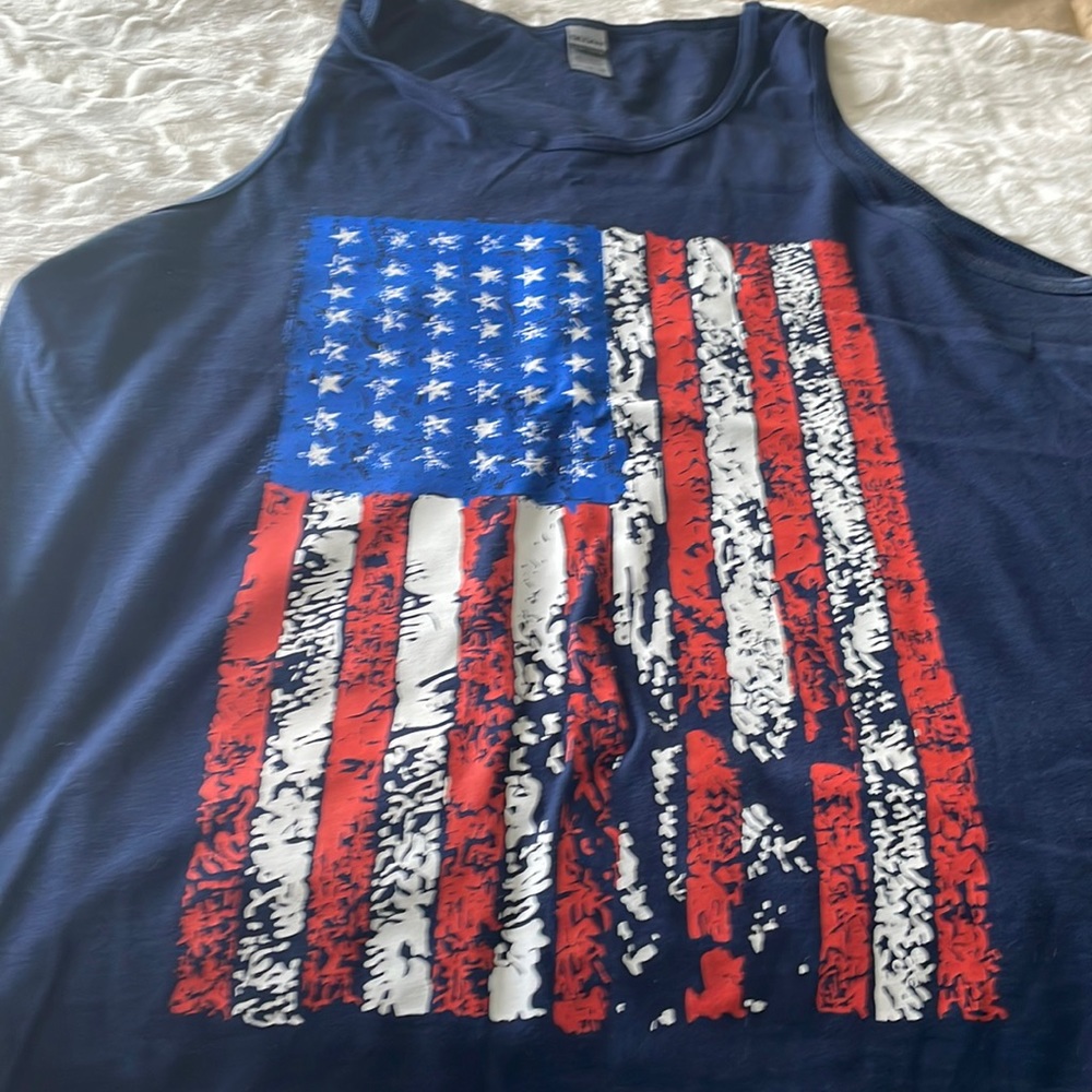 XL muscle tee with distressed American flag navy blue non smoking hse